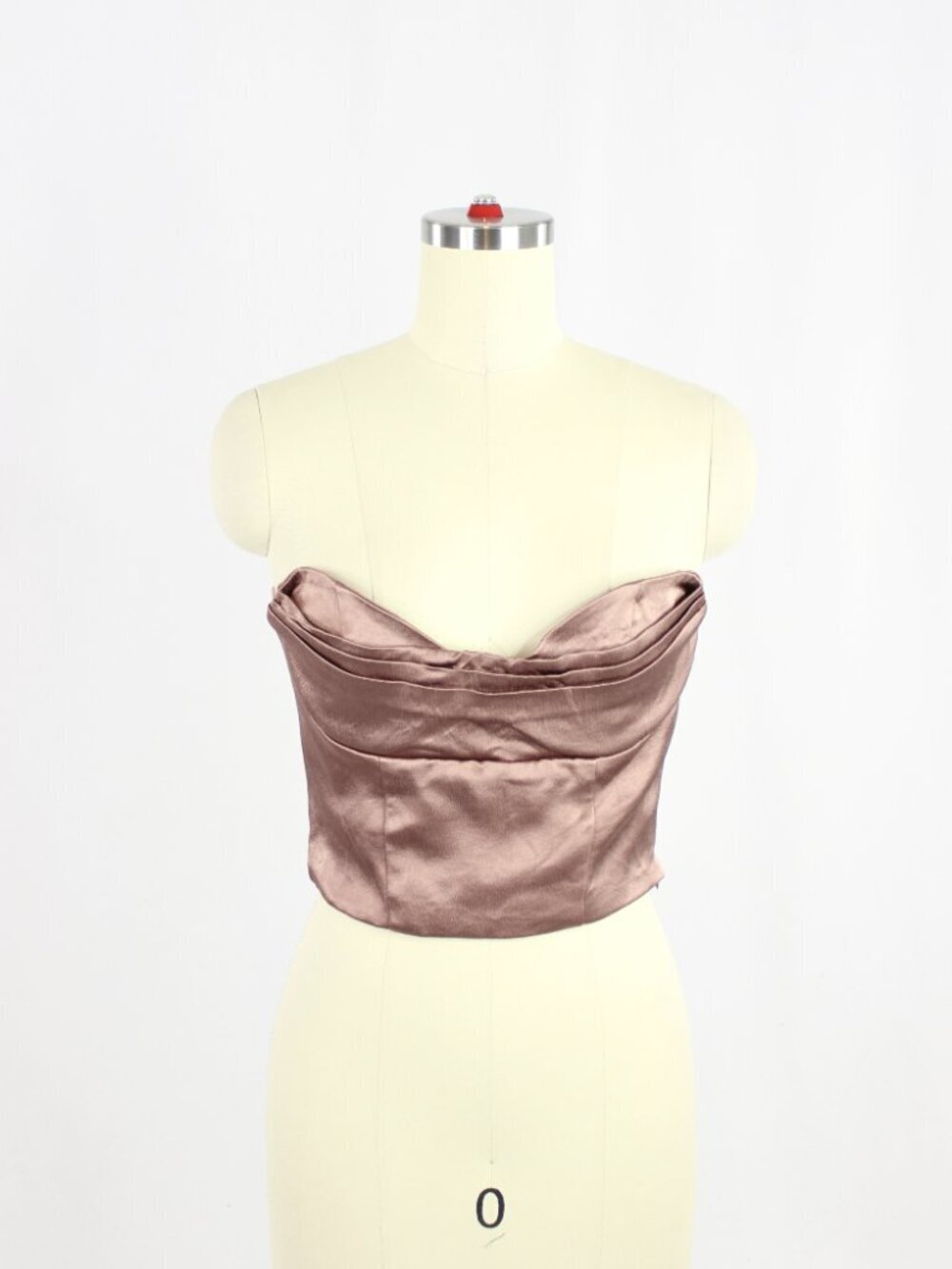 ZARA Taupe Brown Satin Pleated Draped Strapless Cropped Bustier Top, Size M